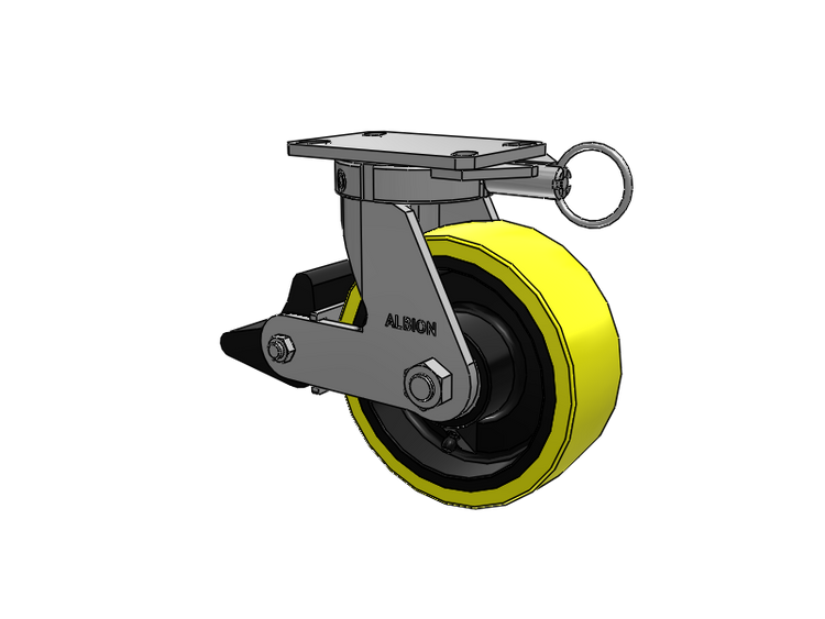 310 Series Top Plate Swivel Caster with 8 x 3 Yellow Tread on Black Cast Iron Core PF - Polyurethane (Heavy Duty Cast Iron Core) Wheel and Poly Lock Integrated Brake