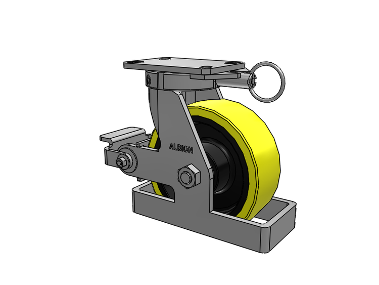 Roulette pivotante à plaque supérieure de la série 310, avec bande de roulement jaune 8 x 3 sur noyau en fonte noire PF - Roue en polyuréthane (noyau en fonte haute résistance) et frein Poly Cam