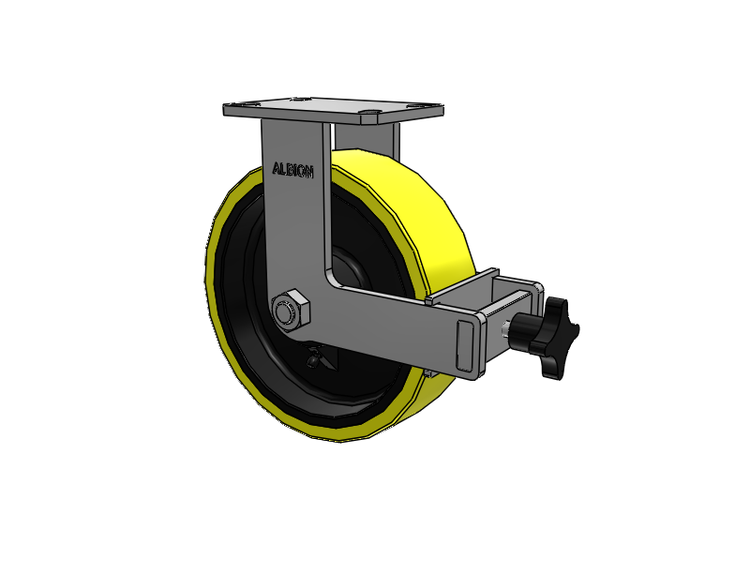 310 Series Top Plate Rigid Caster with 10 x 3 Yellow Tread on Black Cast Iron Core PF - Polyurethane (Heavy Duty Cast Iron Core) Wheel and Face Brake
