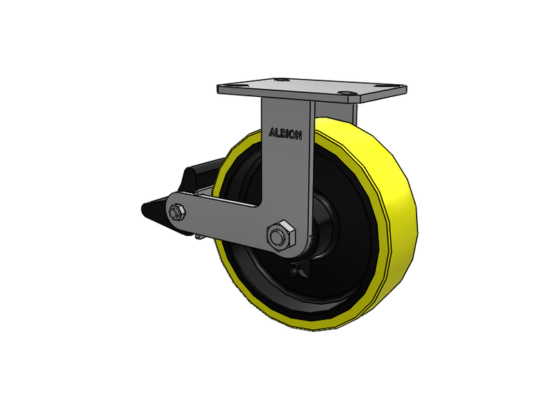 310 Series Top Plate Rigid Caster with 10 x 3 Yellow Tread on Black Cast Iron Core PF - Polyurethane (Heavy Duty Cast Iron Core) Wheel and Poly Lock Integrated Brake
