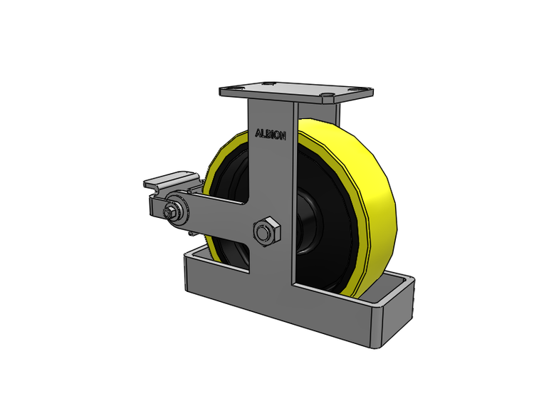 Roulette rigide à plaque supérieure de la série 310, avec bande de roulement jaune 10 x 3 sur noyau en fonte noire PF - Roue en polyuréthane (noyau en fonte haute résistance) et frein Poly Cam