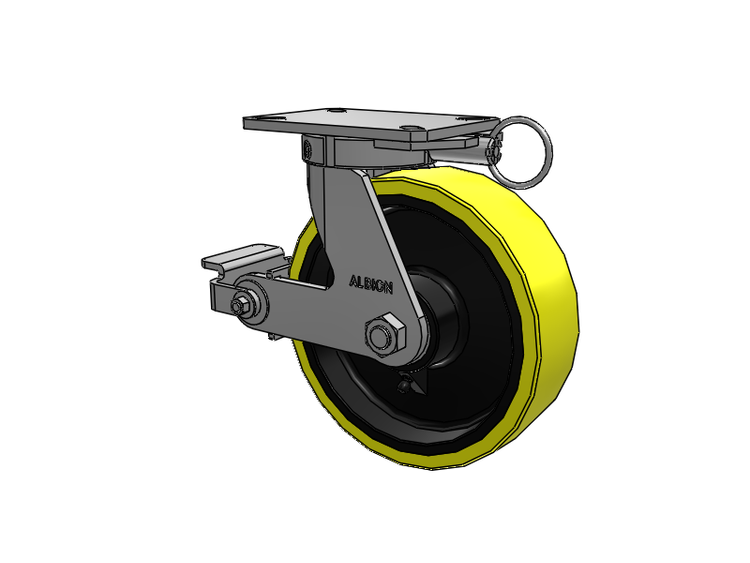 Roulette pivotante à plaque supérieure de la série 310, avec bande de roulement jaune 10 x 3 sur noyau en fonte noire PF - Roue en polyuréthane (noyau en fonte haute résistance) et frein à came en polyuréthane