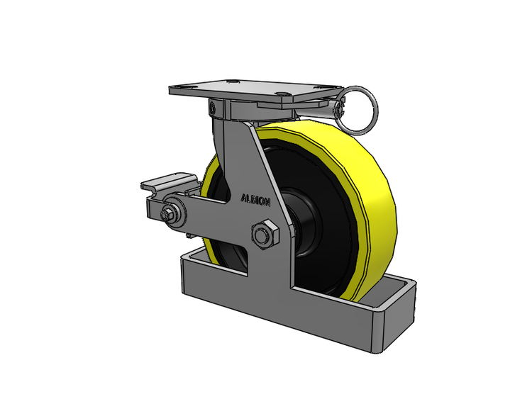 Roulette pivotante à plaque supérieure de la série 310, avec bande de roulement jaune 10 x 3 sur noyau en fonte noire PF - Roue en polyuréthane (noyau en fonte haute résistance) et frein à came en polyuréthane