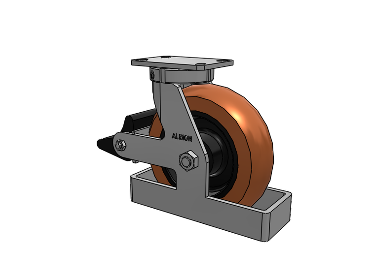 Roulette pivotante à plaque supérieure de la série 310, avec bande de roulement rouge-brun de 10 x 3 sur noyau en fonte noire PR – Roue ronde en polyuréthane (noyau en fonte) et frein intégré Poly Lock