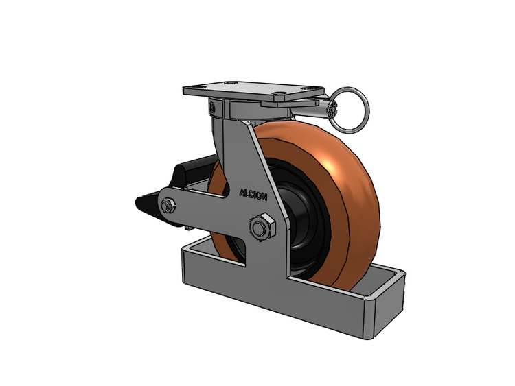 Roulette pivotante à plaque supérieure de la série 310, avec bande de roulement rouge-brun de 10 x 3 sur noyau en fonte noire PR – Roue ronde en polyuréthane (noyau en fonte) et frein intégré Poly Lock
