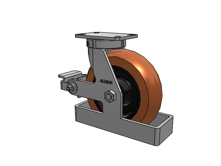 Roulette pivotante à plaque supérieure de la série 310, avec bande de roulement rouge-brun de 10 x 3 sur noyau en fonte noire PR – Roue ronde en polyuréthane (noyau en fonte) et frein à came en polyuréthane