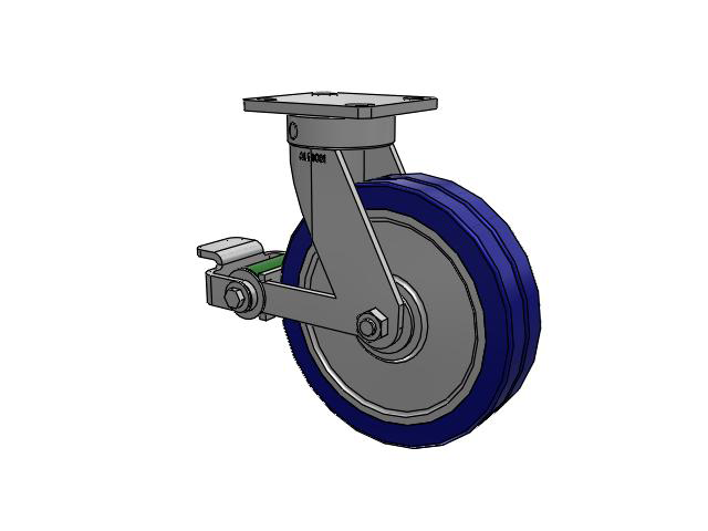110 Series Kingpinless Top Plate Swivel Caster with 8 x 2 Blue Tread on Aluminum Core EZ - Swivel-EAZ (Flat) Wheel and Poly Cam Brake