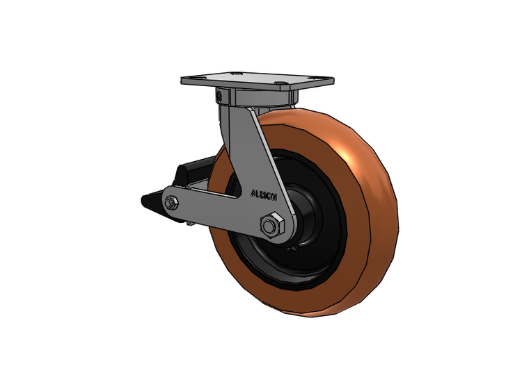 310 Series Top Plate Swivel Caster with 12 x 3 Red-Brown Tread on Black Cast Iron Core PR - Round Polyurethane (Cast Iron Core) Wheel and Poly Lock Integrated Brake