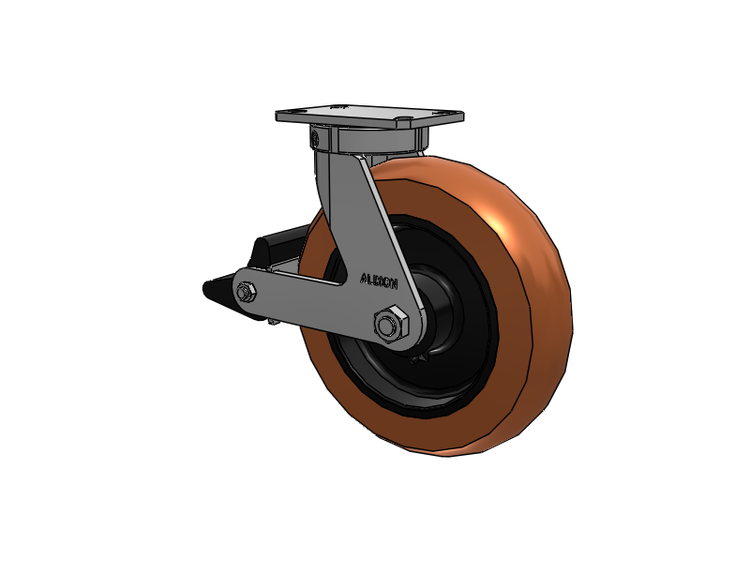 310 Series Top Plate Swivel Caster with 12 x 3 Red-Brown Tread on Black Cast Iron Core PR - Round Polyurethane (Cast Iron Core) Wheel and Poly Lock Integrated Brake