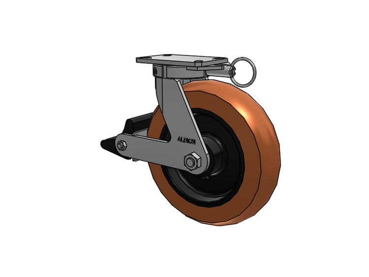 310 Series Top Plate Swivel Caster with 12 x 3 Red-Brown Tread on Black Cast Iron Core PR - Round Polyurethane (Cast Iron Core) Wheel and Poly Lock Integrated Brake