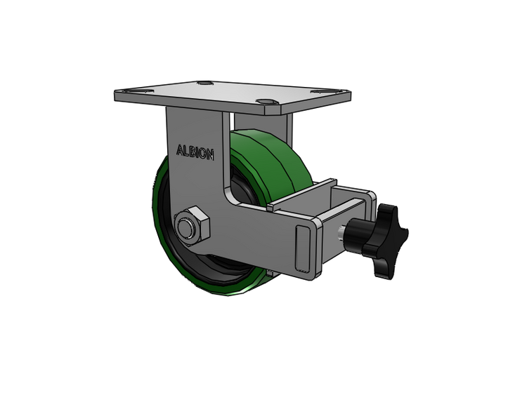 310 Series Top Plate Rigid Caster with 6 x 3 Green Tread on Black Cast Iron Core PX - Thick Polyurethane (Cast Iron Core) Wheel and Face Brake