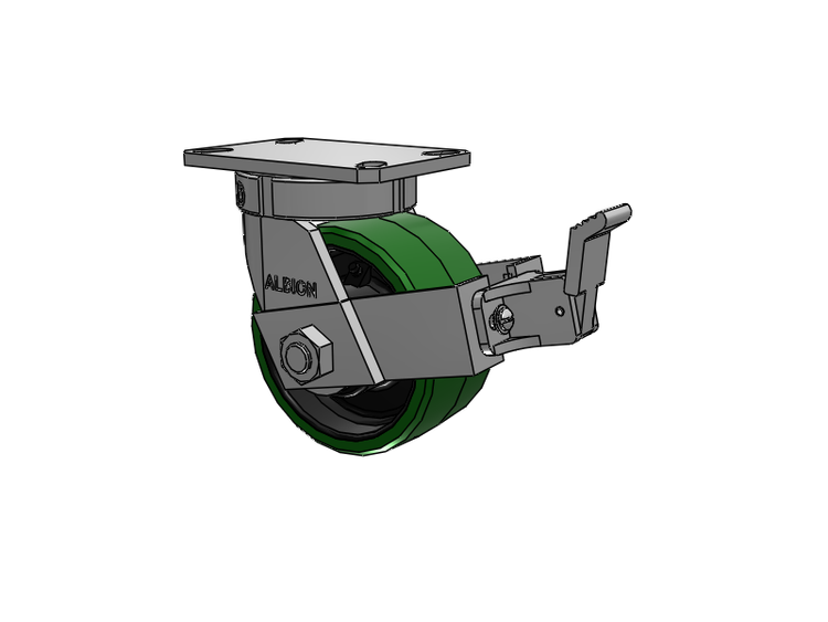 Roulette pivotante à plaque supérieure de la série 310, avec bande de roulement verte 6 x 3 sur noyau en fonte noire PX - Roue en polyuréthane épais (noyau en fonte) et frein de face