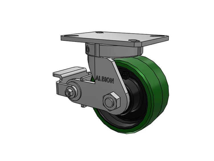 Roulette pivotante à plaque supérieure de la série 310, avec bande de roulement verte 6 x 3 sur noyau en fonte noire PX - Roue en polyuréthane épais (noyau en fonte) et frein à came en polyuréthane
