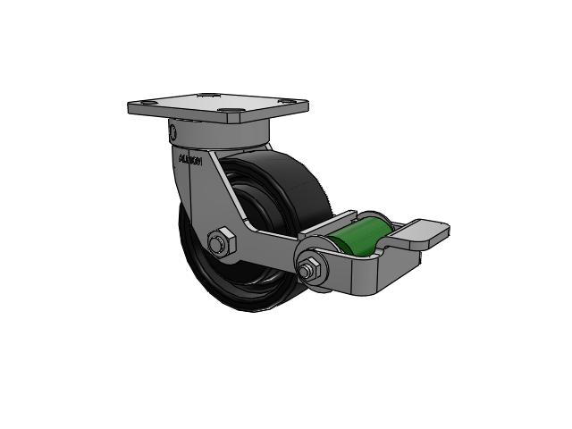 110 Series Kingpinless Top Plate Swivel Caster with 5 x 2 Black Paint FR - Ductile Iron Crowned Tread Wheel and Poly Cam Brake
