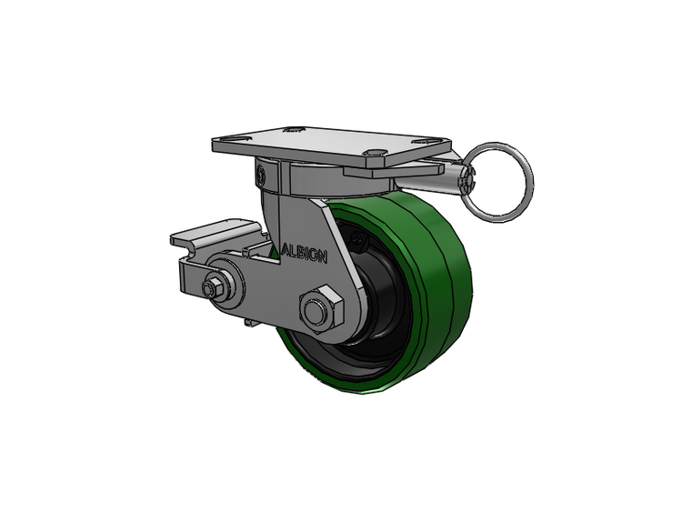 310 Series Top Plate Swivel Caster with 6 x 3 Green Tread on Black Cast Iron Core PX - Thick Polyurethane (Cast Iron Core) Wheel and Poly Cam Brake