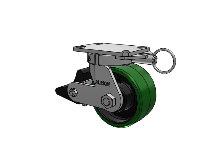 310 Series Top Plate Swivel Caster with 6 x 3 Green Tread on Black Cast Iron Core PX - Thick Polyurethane (Cast Iron Core) Wheel and Poly Lock Integrated Brake