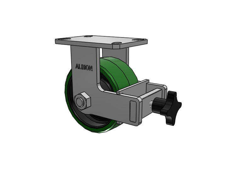 310 Series Top Plate Rigid Caster with 6 x 3 Green Tread on Black Cast Iron Core PX - Thick Polyurethane (Cast Iron Core) Wheel and Face Brake