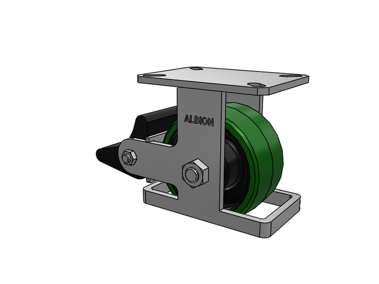 310 Series Top Plate Rigid Caster with 6 x 3 Green Tread on Black Cast Iron Core PX - Thick Polyurethane (Cast Iron Core) Wheel and Poly Lock Integrated Brake