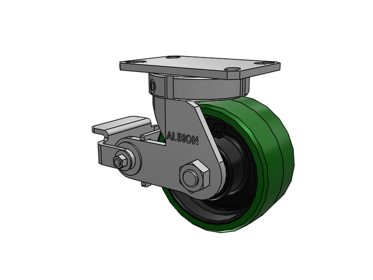 Roulette pivotante à plaque supérieure de la série 310, avec bande de roulement verte 6 x 3 sur noyau en fonte noire PX - Roue en polyuréthane épais (noyau en fonte) et frein à came en polyuréthane