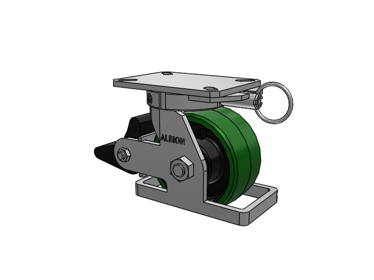 Roulette pivotante à plaque supérieure de la série 310, avec bande de roulement verte 6 x 3 sur noyau en fonte noire PX - Roue en polyuréthane épais (noyau en fonte) et frein intégré Poly Lock