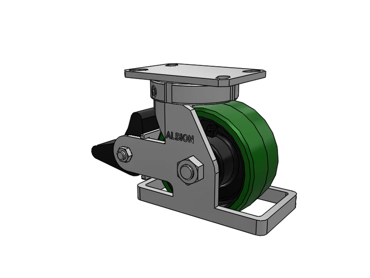 310 Series Top Plate Swivel Caster with 6 x 3 Green Tread on Black Cast Iron Core PX - Thick Polyurethane (Cast Iron Core) Wheel and Poly Lock Integrated Brake