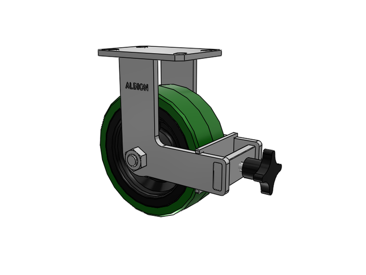 310 Series Top Plate Rigid Caster with 8 x 3 Green Tread on Black Cast Iron Core PX - Thick Polyurethane (Cast Iron Core) Wheel and Face Brake