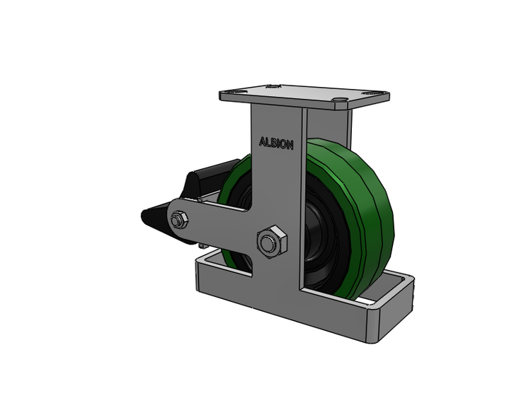 Roulette rigide à plaque supérieure de la série 310, avec bande de roulement verte 8 x 3 sur noyau en fonte noire PX – Roue en polyuréthane épais (noyau en fonte) et frein intégré Poly Lock