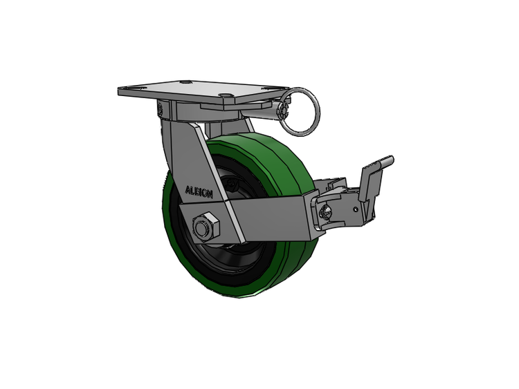 310 Series Top Plate Swivel Caster with 8 x 3 Green Tread on Black Cast Iron Core PX - Thick Polyurethane (Cast Iron Core) Wheel and Face Brake