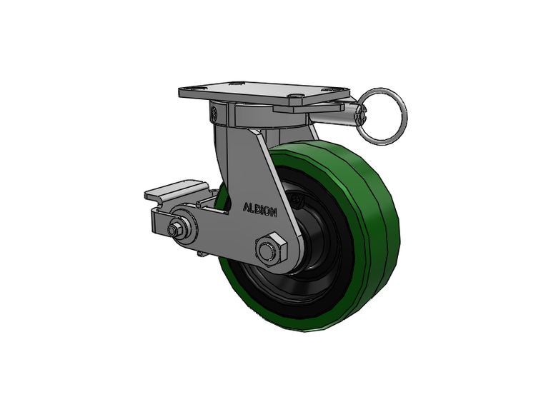 310 Series Top Plate Swivel Caster with 8 x 3 Green Tread on Black Cast Iron Core PX - Thick Polyurethane (Cast Iron Core) Wheel and Poly Cam Brake