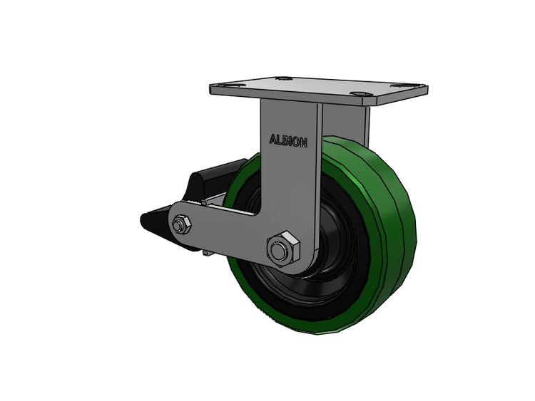 310 Series Top Plate Rigid Caster with 8 x 3 Green Tread on Black Cast Iron Core PX - Thick Polyurethane (Cast Iron Core) Wheel and Poly Lock Integrated Brake