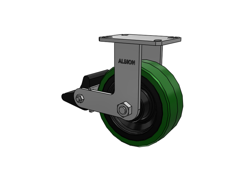 310 Series Top Plate Rigid Caster with 8 x 3 Green Tread on Black Cast Iron Core PX - Thick Polyurethane (Cast Iron Core) Wheel and Poly Lock Integrated Brake