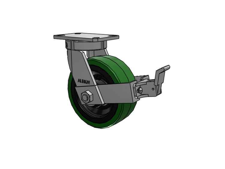 310 Series Top Plate Swivel Caster with 8 x 3 Green Tread on Black Cast Iron Core PX - Thick Polyurethane (Cast Iron Core) Wheel and Face Brake
