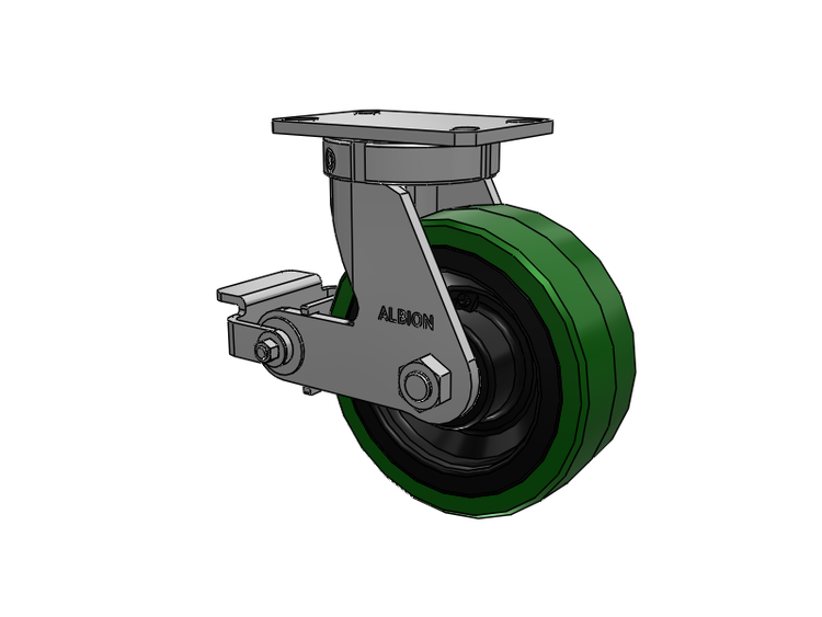 310 Series Top Plate Swivel Caster with 8 x 3 Green Tread on Black Cast Iron Core PX - Thick Polyurethane (Cast Iron Core) Wheel and Poly Cam Brake
