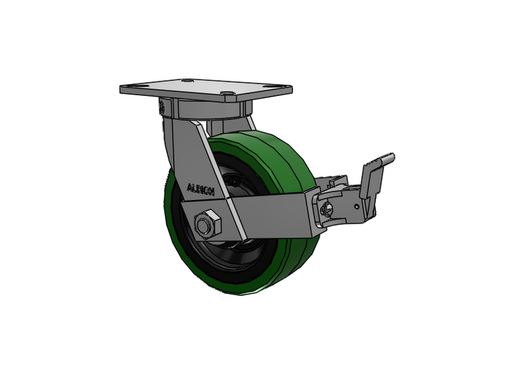 310 Series Top Plate Swivel Caster with 8 x 3 Green Tread on Black Cast Iron Core PX - Thick Polyurethane (Cast Iron Core) Wheel and Face Brake