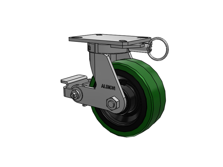 310 Series Top Plate Swivel Caster with 8 x 3 Green Tread on Black Cast Iron Core PX - Thick Polyurethane (Cast Iron Core) Wheel and Poly Cam Brake