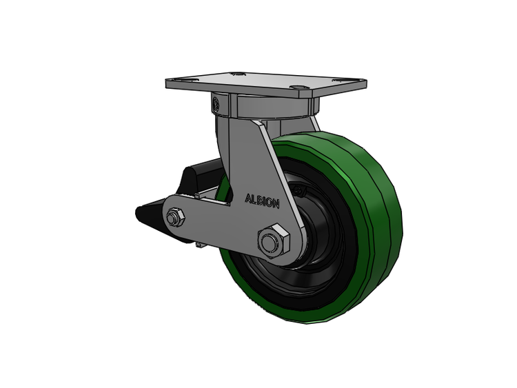 310 Series Top Plate Swivel Caster with 8 x 3 Green Tread on Black Cast Iron Core PX - Thick Polyurethane (Cast Iron Core) Wheel and Poly Lock Integrated Brake