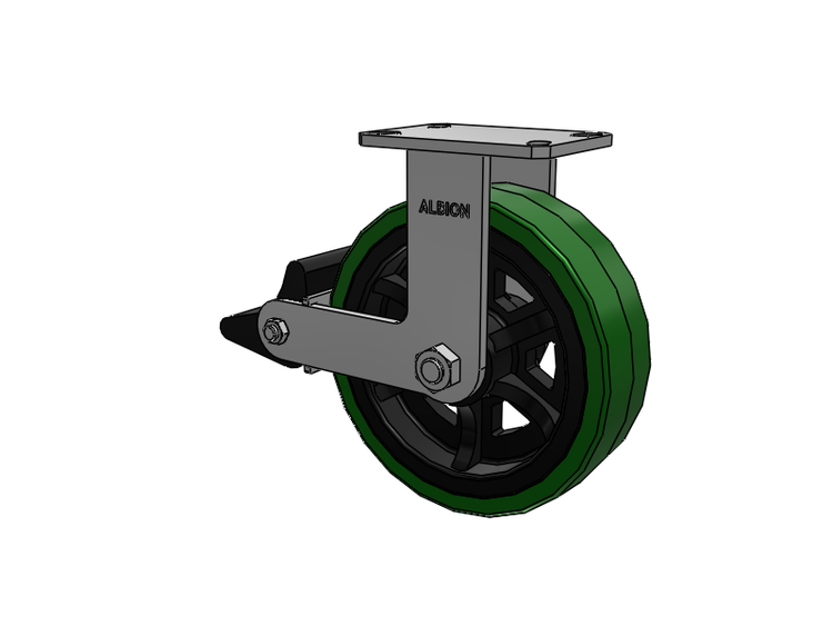 310 Series Top Plate Rigid Caster with 10 x 3 Green Tread on Black Cast Iron Core PX - Thick Polyurethane (Cast Iron Core) Wheel and Poly Lock Integrated Brake