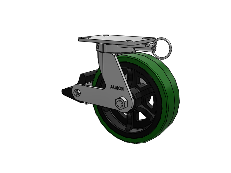 310 Series Top Plate Swivel Caster with 10 x 3 Green Tread on Black Cast Iron Core PX - Thick Polyurethane (Cast Iron Core) Wheel and Poly Lock Integrated Brake