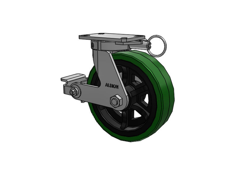310 Series Top Plate Swivel Caster with 10 x 3 Green Tread on Black Cast Iron Core PX - Thick Polyurethane (Cast Iron Core) Wheel and Poly Cam Brake