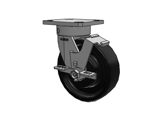 110 Series Kingpinless Top Plate Swivel Caster with 6 x 2 Black Paint FR - Ductile Iron Crowned Tread Wheel and Face Brake