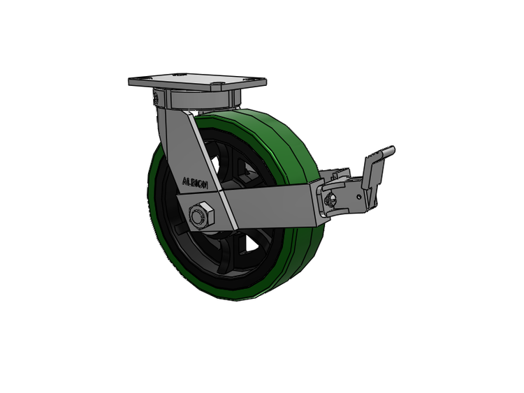 310 Series Top Plate Swivel Caster with 10 x 3 Green Tread on Black Cast Iron Core PX - Thick Polyurethane (Cast Iron Core) Wheel and Face Brake