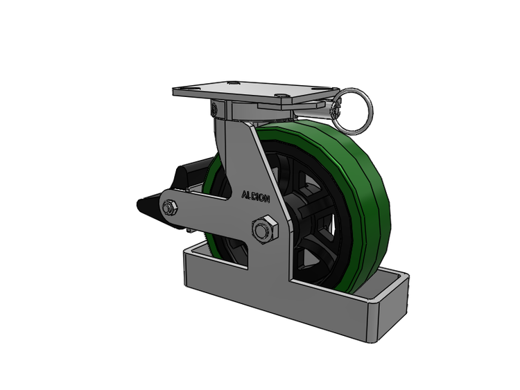 Roulette pivotante à plaque supérieure de la série 310, avec bande de roulement verte de 10 x 3 sur noyau en fonte noire PX – Roue en polyuréthane épais (noyau en fonte) et frein intégré Poly Lock
