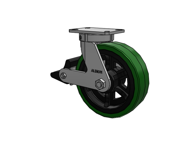 310 Series Top Plate Swivel Caster with 10 x 3 Green Tread on Black Cast Iron Core PX - Thick Polyurethane (Cast Iron Core) Wheel and Poly Lock Integrated Brake