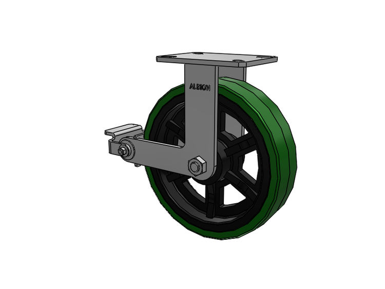 310 Series Top Plate Rigid Caster with 12 x 3 Green Tread on Black Cast Iron Core PX - Thick Polyurethane (Cast Iron Core) Wheel and Poly Cam Brake