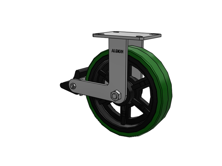 310 Series Top Plate Rigid Caster with 12 x 3 Green Tread on Black Cast Iron Core PX - Thick Polyurethane (Cast Iron Core) Wheel and Poly Lock Integrated Brake
