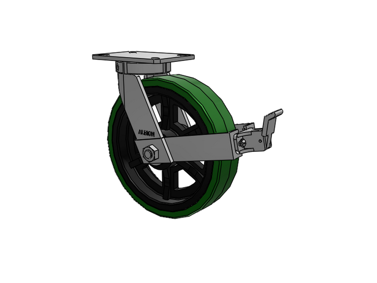 310 Series Top Plate Swivel Caster with 12 x 3 Green Tread on Black Cast Iron Core PX - Thick Polyurethane (Cast Iron Core) Wheel and Face Brake
