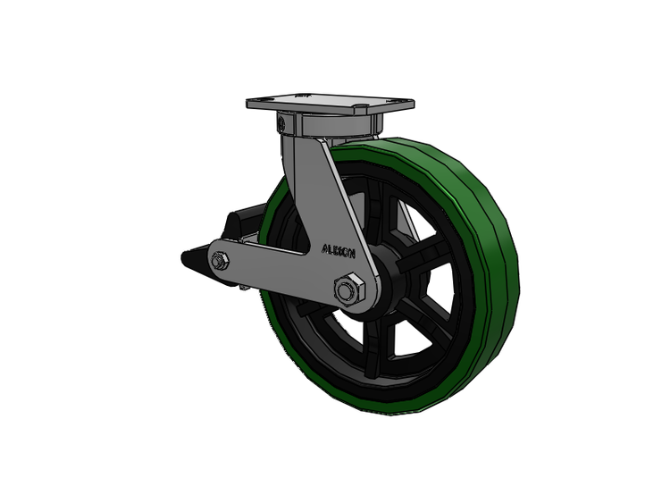 310 Series Top Plate Swivel Caster with 12 x 3 Green Tread on Black Cast Iron Core PX - Thick Polyurethane (Cast Iron Core) Wheel and Poly Lock Integrated Brake