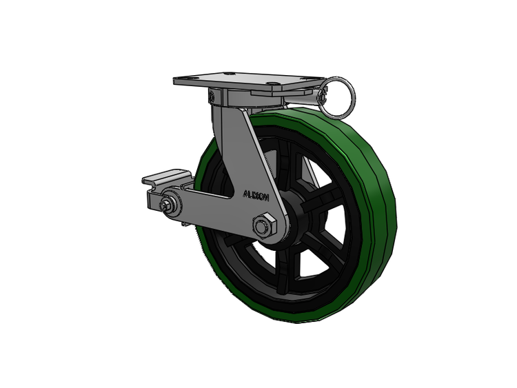 310 Series Top Plate Swivel Caster with 12 x 3 Green Tread on Black Cast Iron Core PX - Thick Polyurethane (Cast Iron Core) Wheel and Poly Cam Brake