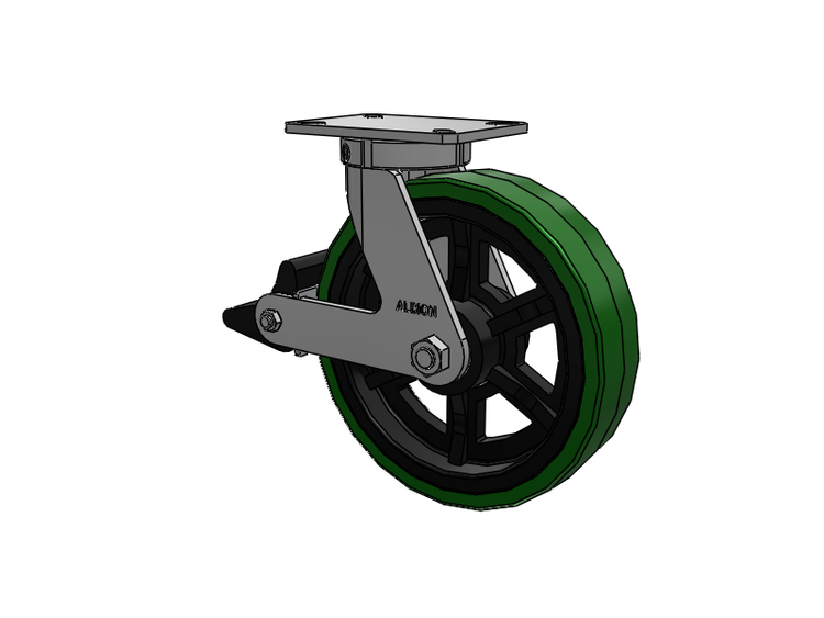 310 Series Top Plate Swivel Caster with 12 x 3 Green Tread on Black Cast Iron Core PX - Thick Polyurethane (Cast Iron Core) Wheel and Poly Lock Integrated Brake
