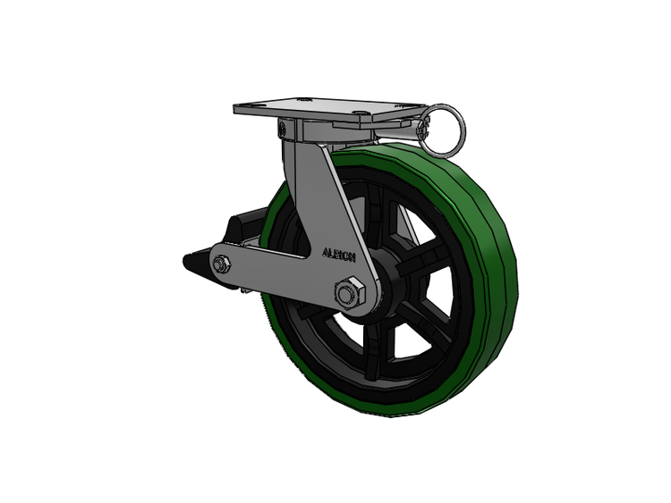 310 Series Top Plate Swivel Caster with 12 x 3 Green Tread on Black Cast Iron Core PX - Thick Polyurethane (Cast Iron Core) Wheel and Poly Lock Integrated Brake